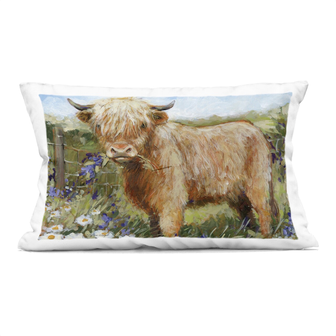 Stupell Industries Floral Pasture Highland Cow Decorative Printed Throw Pillow, design by Susan Winget, 14 x 7 x 20